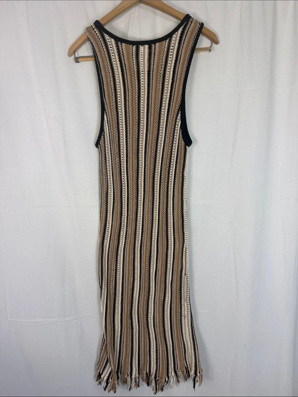 White + Warren Mercerized cotton fringe crochet dress Beige/Brown Black Size L